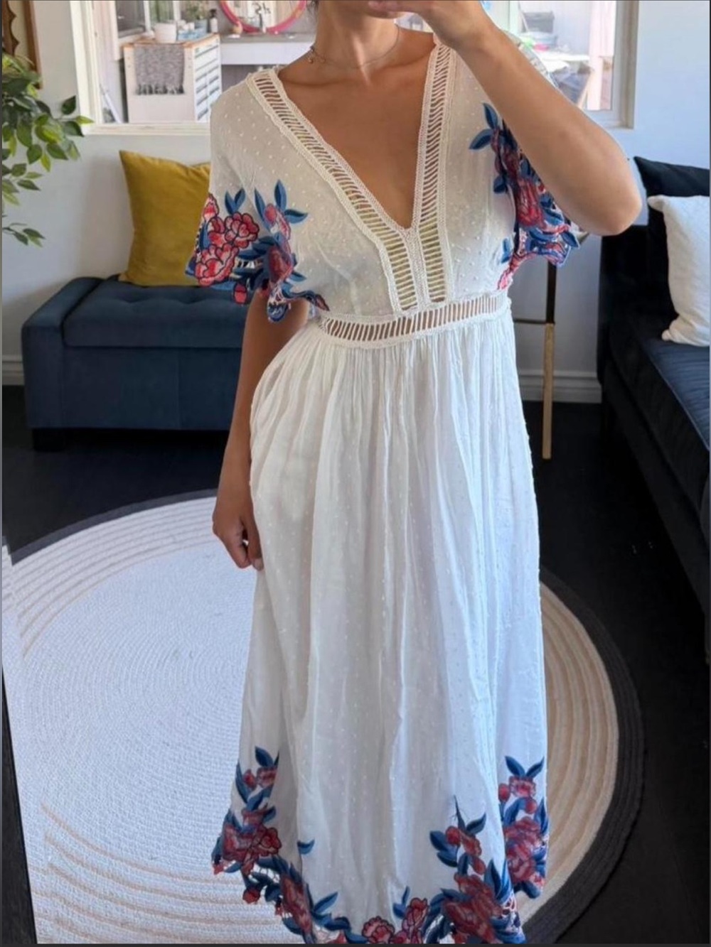SAYLOR White Embroidered V-Neck Dress with Floral Accents